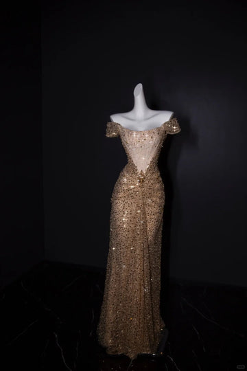 Niulatu Off-the-shoulder Sheath Long Prom Dresses Tulle Sequins Gold New Year's Evening Dresses Sparkly Birthday Dresses HZ1026